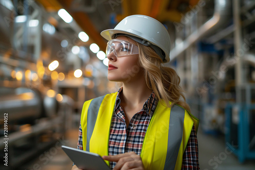 Female engineer in a hard hat and safety vest uses a tablet to oversee and manage factory operations, surrounded by industrial machinery.