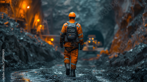 Miner in high-visibility clothing walks with purpose through the rugged terrain of an ore mine, his journey lit by the warm glow of work lights.