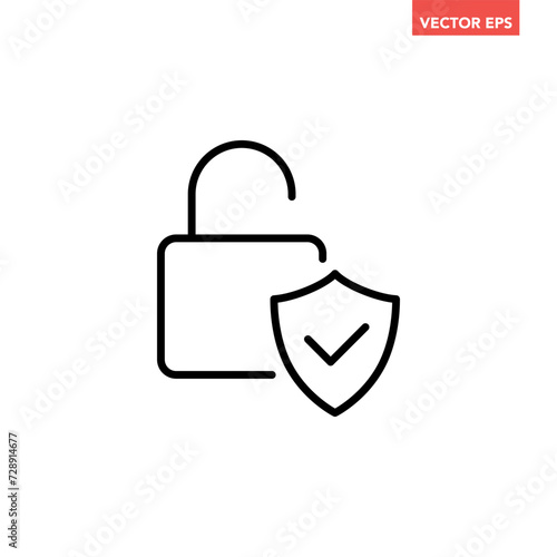 Black single unlock wth check mark line icon, simple successful protection flat design pictogram vector for app ads web banner button ui ux interface elements isolated on white background