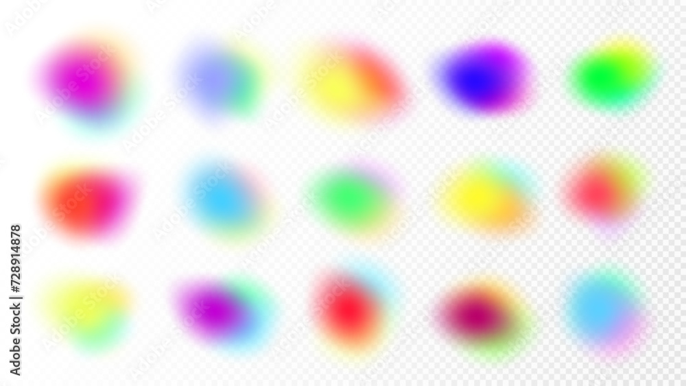 Gradient colored shapes. Abstract blurry fluid blods. Soft mesh gradation texture effect. Watercolor or holographic neon brush spots, glow multicolor sphere, vector illustration
