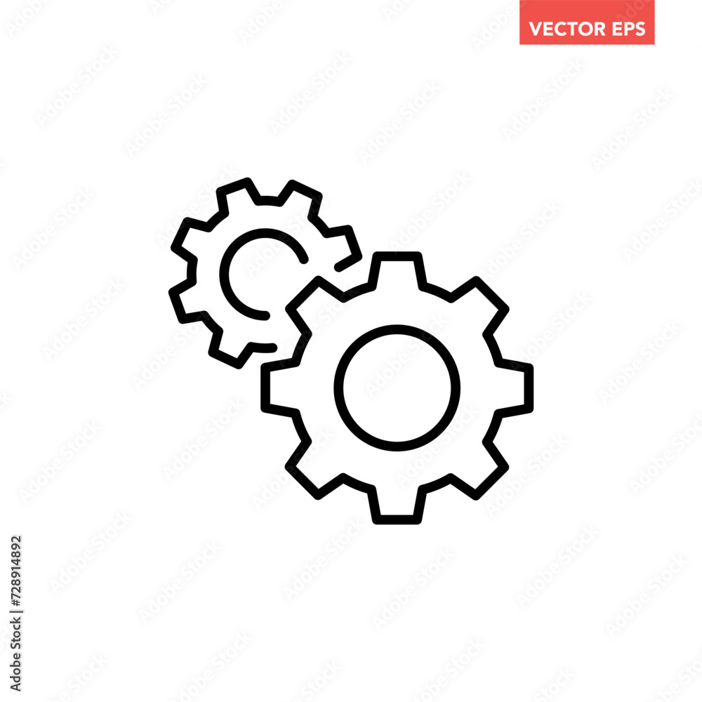 Black single gear setting line icon, simple cog wheel flat design vector pictogram, infographic interface elements for app logo web button ui ux isolated on white background