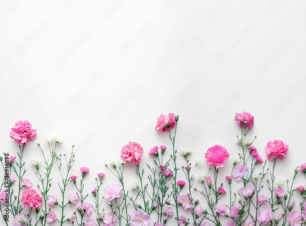 Panorama flowers pattern. Flowers pattern on a white background. Full Bloom trend. Flat lay style.