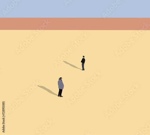 Two man standing in desert or sandy beach. Travel lifestyle concept adventure outdoor summer vacations