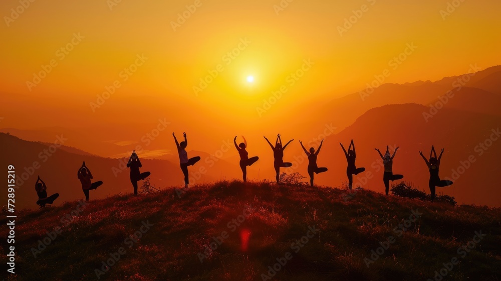 Group of people practicing yoga poses at sunrise on a mountain peak above the clouds, symbolizing peace and mindfulness. Resplendent.