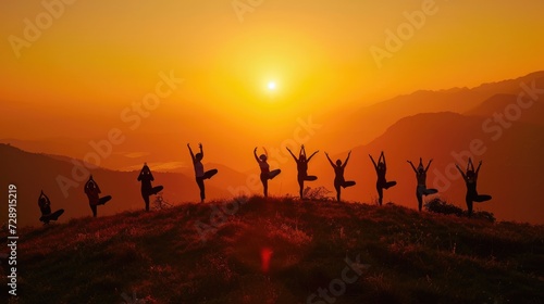 Group of people practicing yoga poses at sunrise on a mountain peak above the clouds  symbolizing peace and mindfulness. Resplendent.