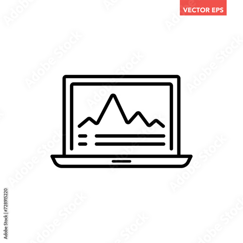 Black single financial graph chart line icon, simple stock data analysis laptop flat design pictogram vector for app logo ads web webpage button ui ux interface elements isolated on white background