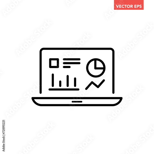 Black single Financial analysis on laptop line icon, simple diagram data flat design pictogram vector for app ads web banner button ui ux interface elements isolated on white background