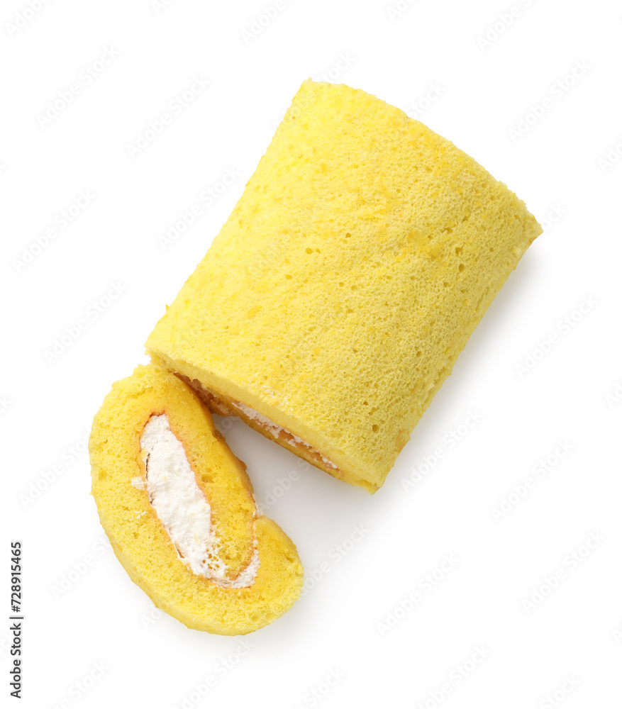 Delicious cake roll with cream filling isolated on white, top view