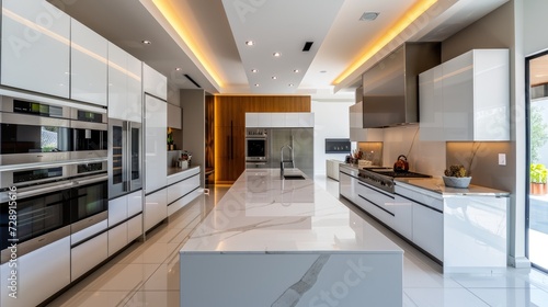 Spacious minimalist kitchen with sleek design, neutral colors, and ample natural light. Resplendent.