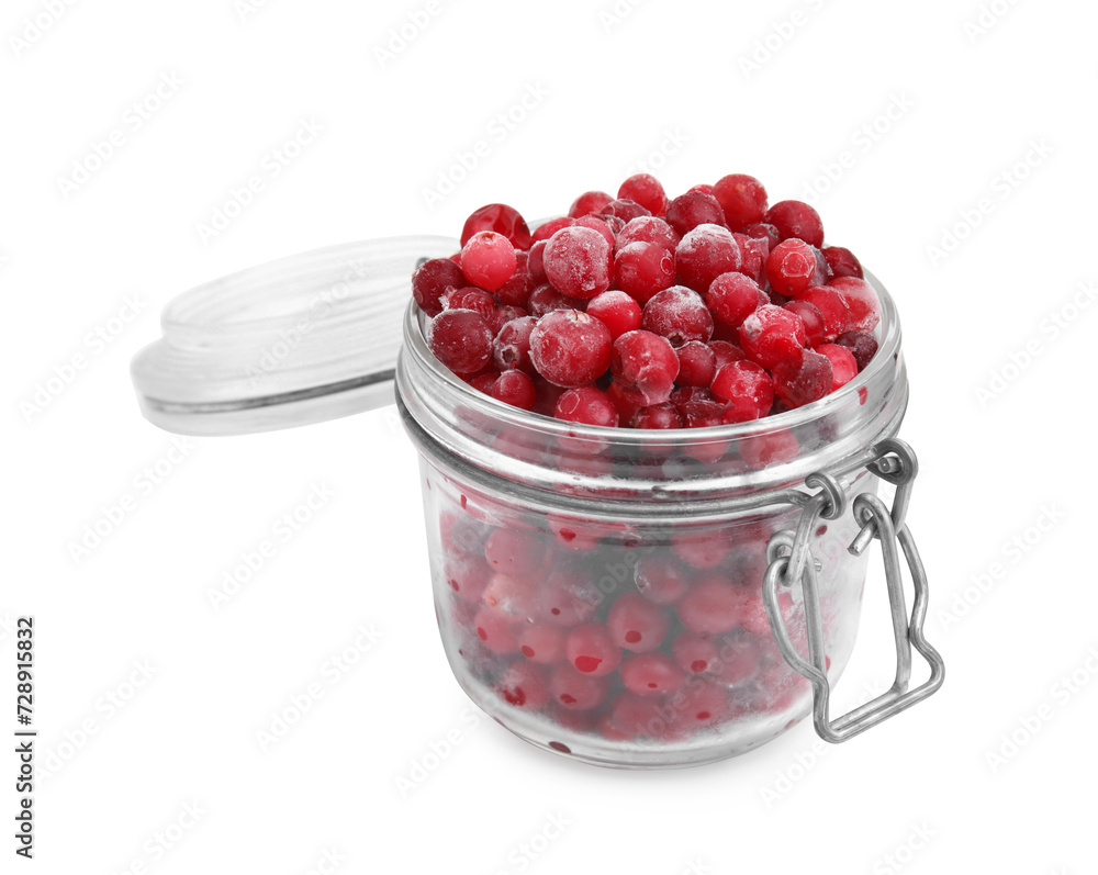 Frozen red cranberries in glass jar isolated on white Frozen red cranberries in glass jar isolated on white