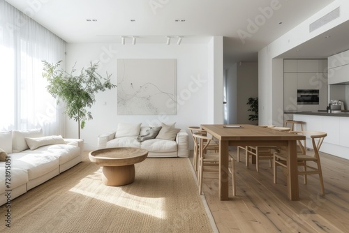 A bright and airy modern living room with stylish staircase, hardwood floors, and contemporary furniture, bathed in natural sunlight. Bright and airy Scandinavian living room. Resplendent. © Summit Art Creations