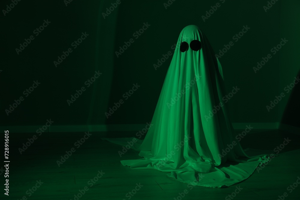 Creepy ghost. Woman covered with sheet in green light, space for text Creepy ghost. Woman covered with sheet in green light, space for text