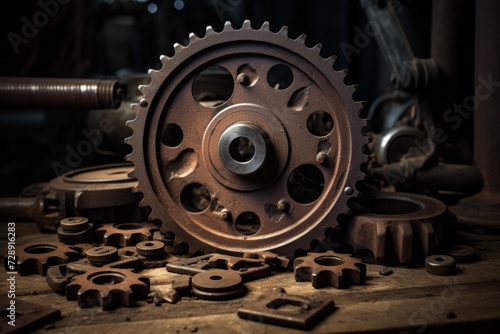 A close-up view of a rusted sprocket wheel, resting on an old wooden table, surrounded by scattered nuts and bolts in a dimly lit industrial workshop