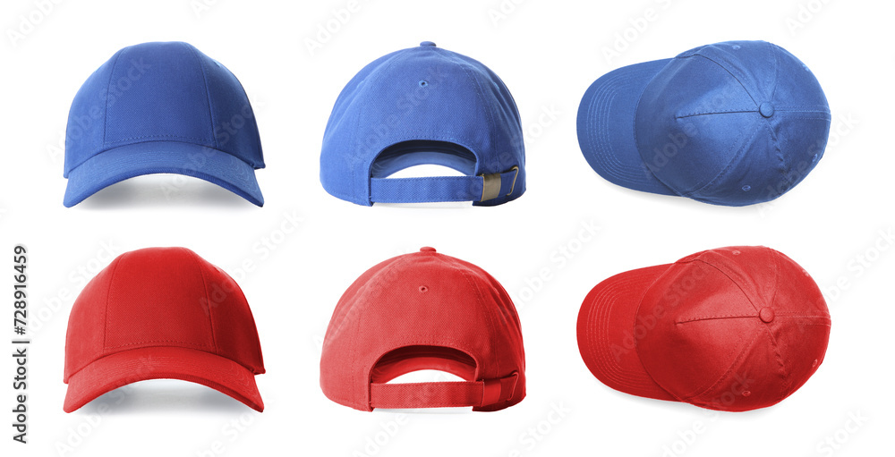 Stylish baseball caps isolated on white, set with top, back and front views Stylish baseball caps isolated on white, set with top, back and front views