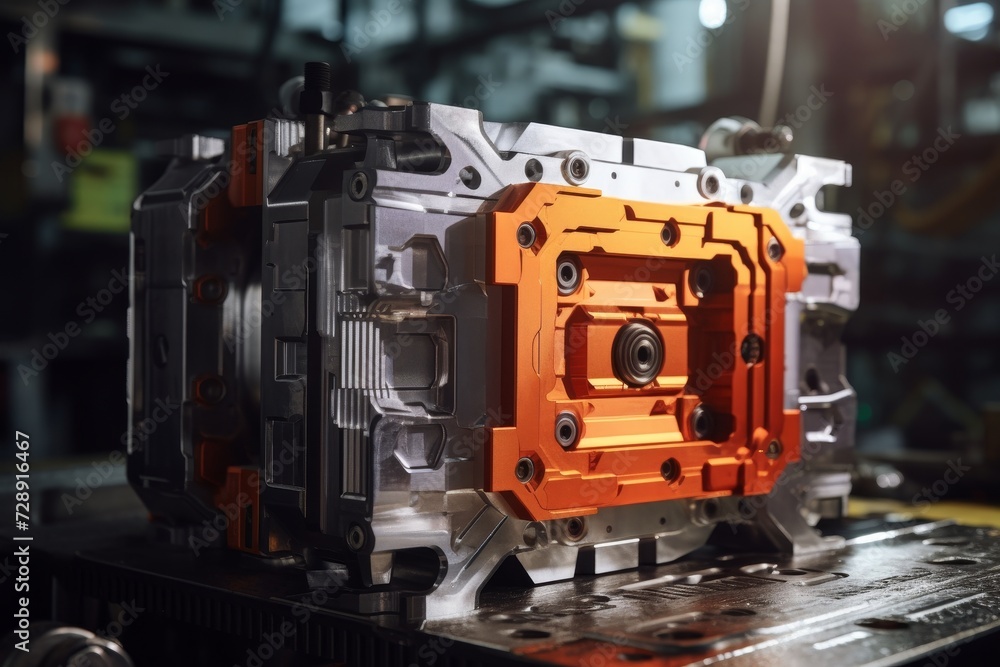 A detailed close-up of a precision-engineered molding die, resting on a factory floor amidst other industrial components, under the stark fluorescent lights