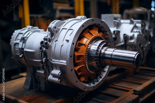 A detailed close-up of a robust gearbox casing, meticulously crafted and displayed in an industrial setting with a backdrop of machinery parts