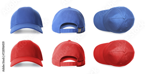 Photography Stylish baseball caps isolated on white, set with top, back and front views