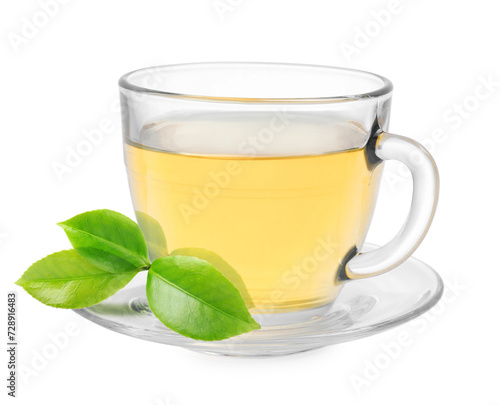 Green tea in glass cup and green leaves isolated on white