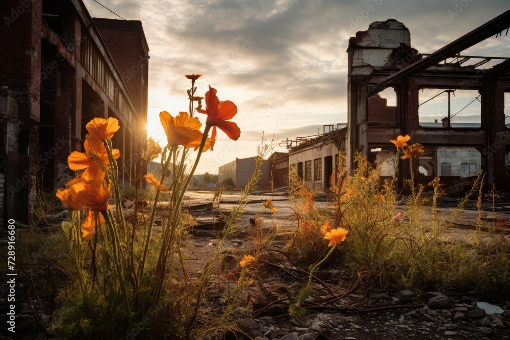 A stunning juxtaposition of industrial might and natural beauty as vibrant blooms burst forth against a backdrop of weathered factories under a dramatic sky - obrazy, fototapety, plakaty 