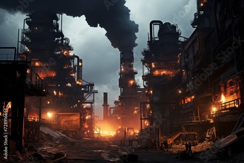A panoramic view of a bustling coke oven, with workers in protective gear, amidst a backdrop of towering smokestacks under a dusky sky