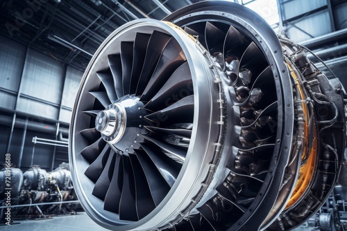 Close-up View of a Powerful Jet Engine, Showcasing the Intricate Details of its Turbofan and Turboprop Components Against an Industrial Background