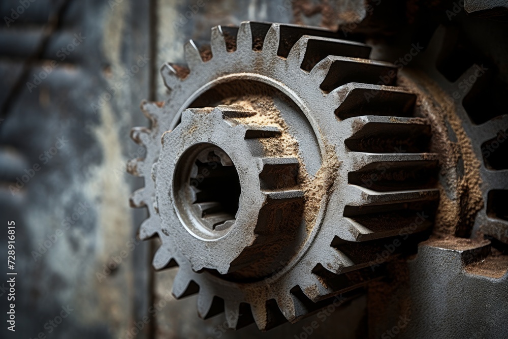 A Close-up View of a Metallic Differential Gear from an Industrial Machine, Set Against the Backdrop of a Rustic, Weathered Workshop Wall