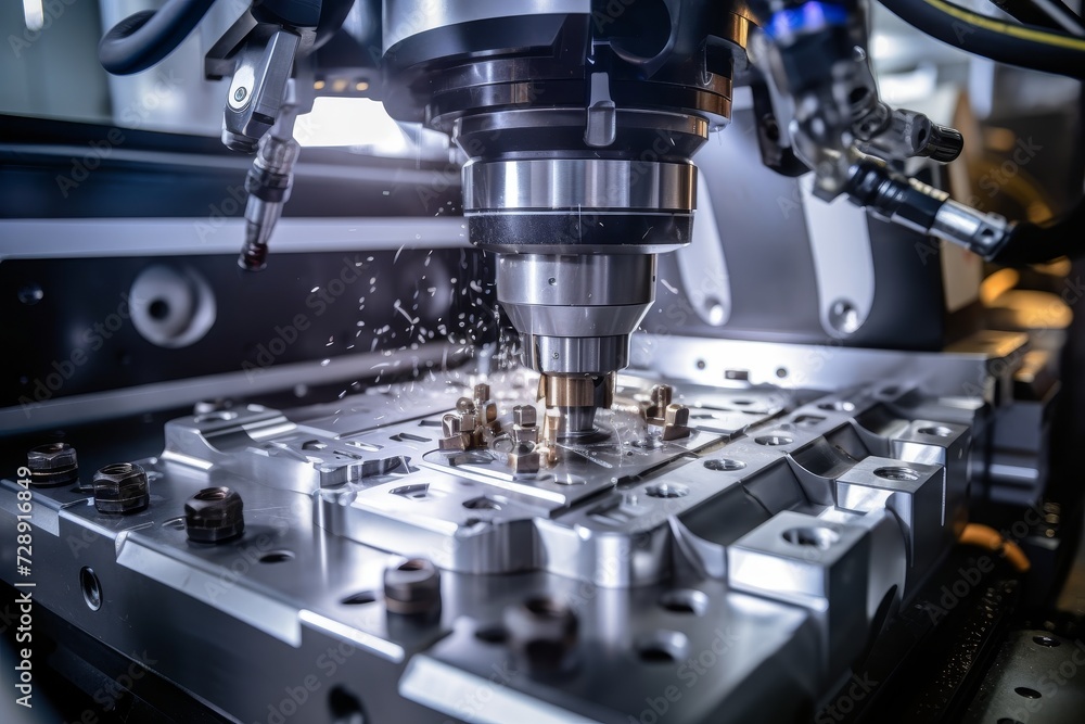 A sophisticated CNC milling machine in action, meticulously crafting precision parts in a bustling industrial environment with a background of engineers at work