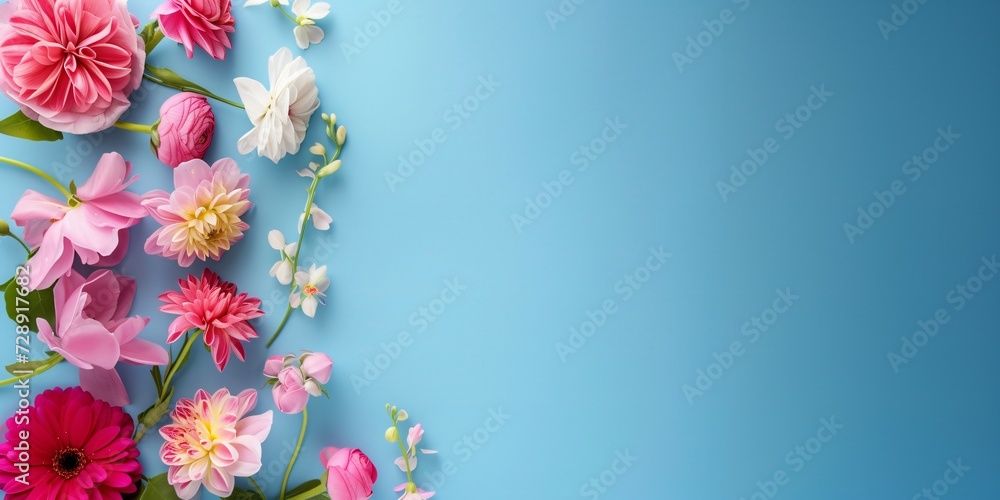 Flower composition, banner, blue background. Greeting card for mother's day, women's day, valentine's day, happy birthday, wedding