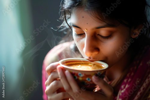 Close up of young Indian woman drinks Hariri soup to break her fast photo