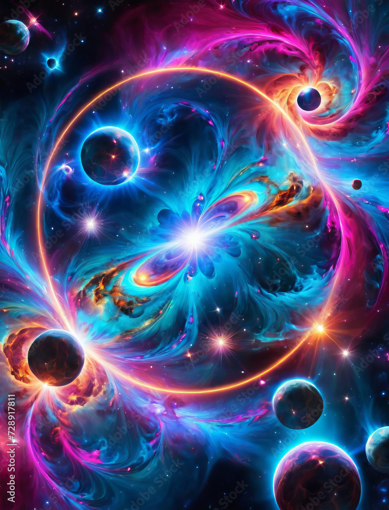 Celestial Symphony - Unreal cosmic scenery with celestial bodies and vibrant neon colors Gen AI