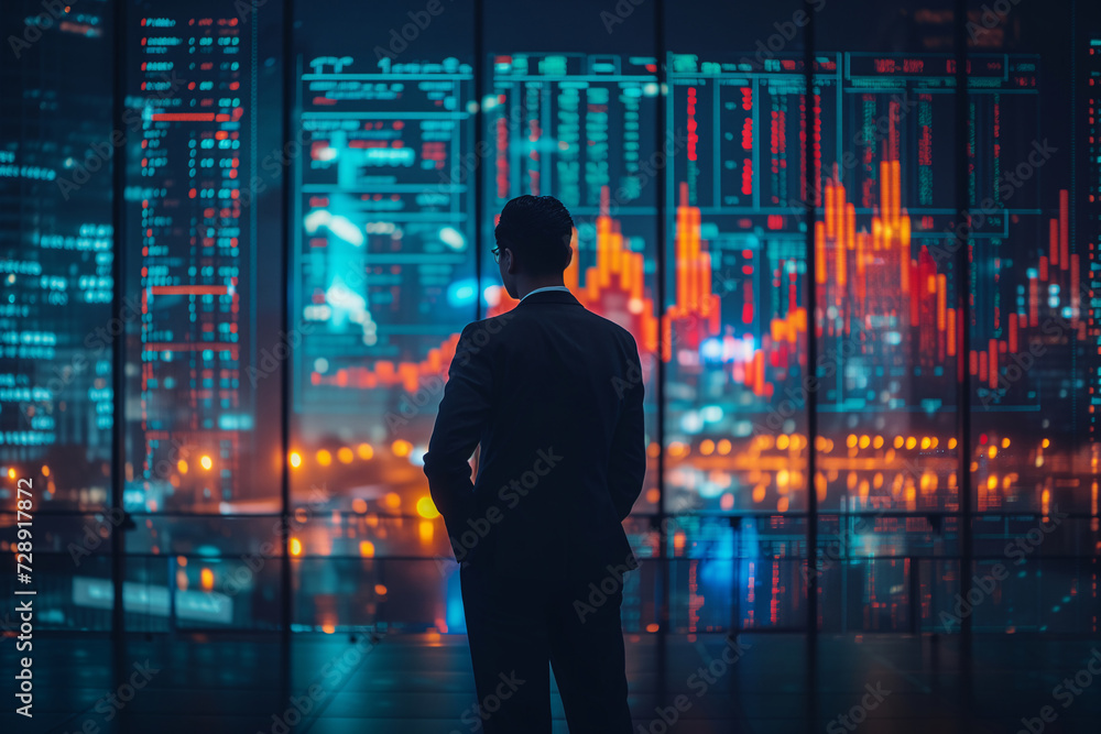 Businessman in a suit stands against a backdrop of glowing financial market data screens, reflecting on stock performance in a high-rise building at night. Businessman in a suit stands against a backdrop of glowing financial market data screens, reflecting on stock performance in a high-rise building at night.