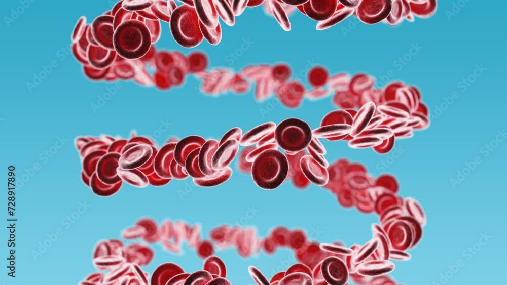 Close-up of red blood cells on a blue background. 3D rendering animation.