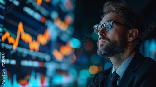 Businessman in glasses analyzing glowing stock market data on digital screens during a late-night session.