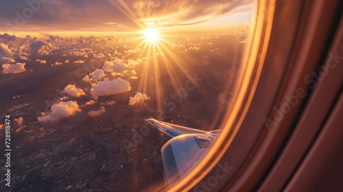 Vista de dentro de um avião durante a hora dourada