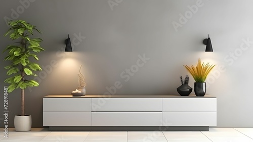 Interior mock up living room. cabinet for TV or place object in modern living room with lamp,table,flower and plant