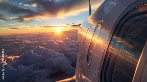 Vista de dentro de um avião durante a hora dourada photo