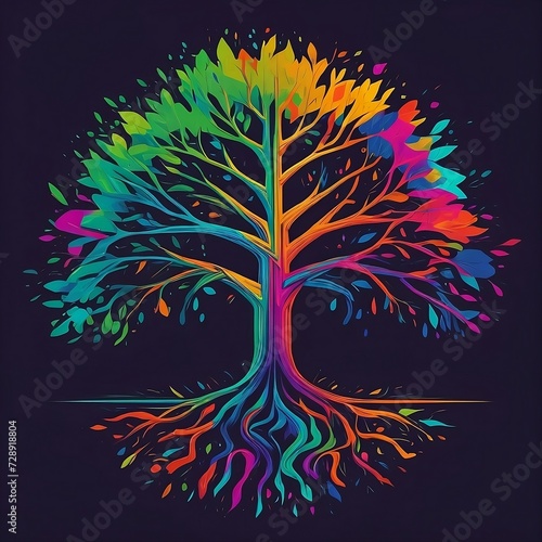 Tree logo colorful circular vector illustration. Abstract colorful tree logo design, root vector. Isolated on black background. Flat style, hand drawing art, printable colorful tree vector resolutions