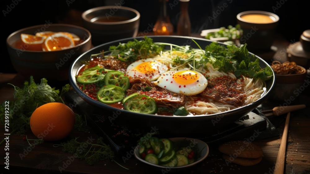 Delicious ramen noodles with egg topping on top, blur background Delicious ramen noodles with egg topping on top, blur background