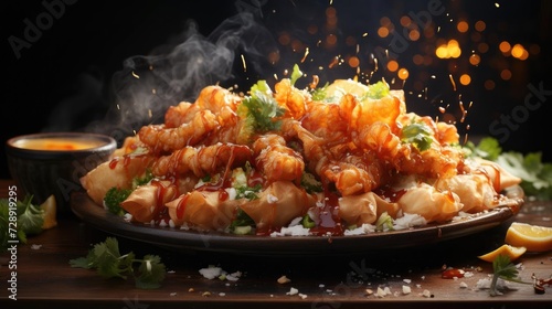 Delicious crispy tempura on a plate with blur background