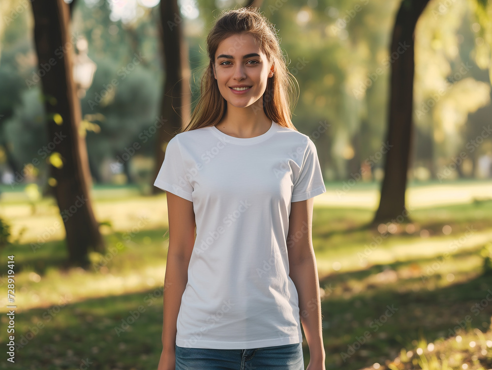 White short sleeves T-shirt mockup on a young smiling girl, park and nature background summer White short sleeves T-shirt mockup on a young smiling girl, park and nature background summer