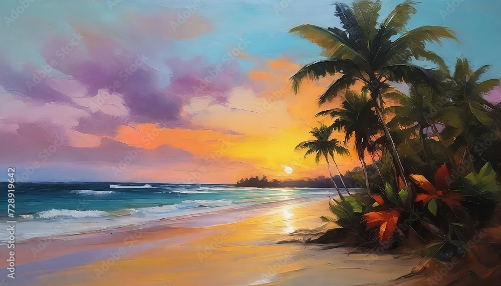 Bahia Sunset: Oil Painting of Brazilian Beach - Vibrant Colors and Serene Beauty Captured in Stunning Sunset Width, Perfect for Artistic Decor and Coastal Inspirations