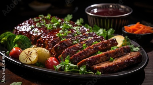 delicious meatloaf with vegetable topping, black and blurred background