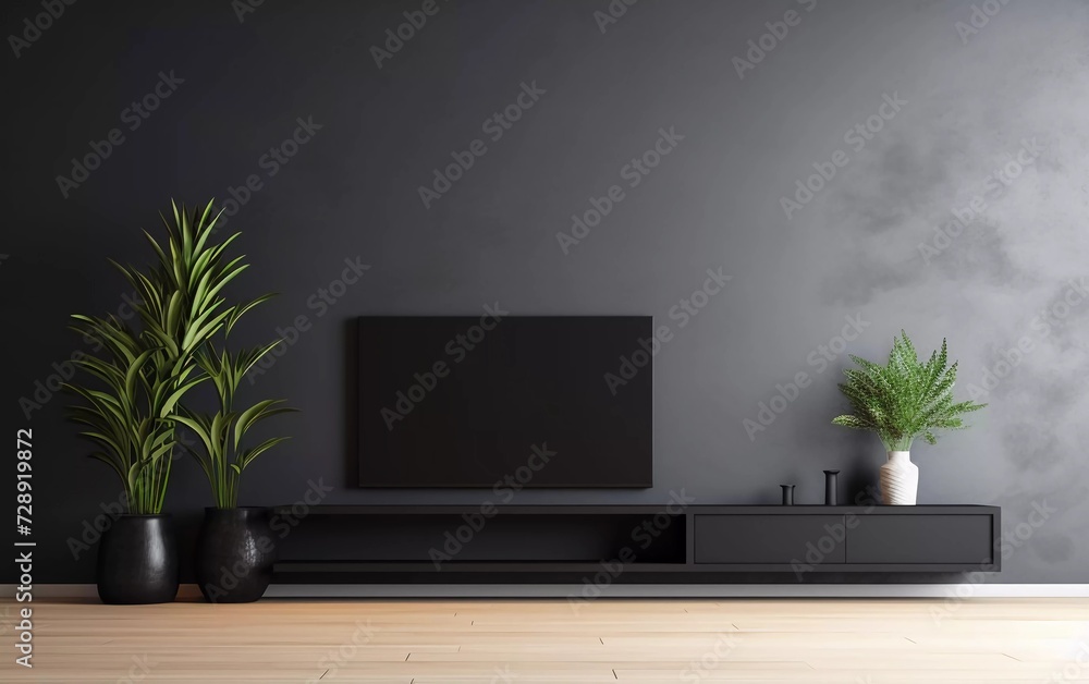 tv rack in zen modern empty room, minimal design mock up, with dark walls. generative ai tv rack in zen modern empty room, minimal design mock up, with dark walls. generative ai