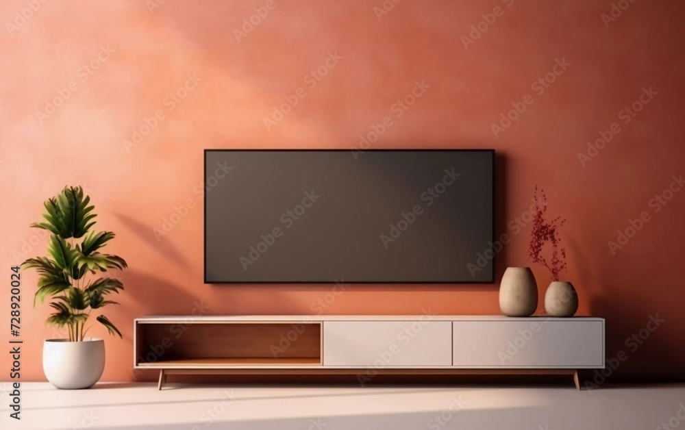 tv rack in zen modern empty room, minimal design mock up, with bright walls. generative ai tv rack in zen modern empty room, minimal design mock up, with bright walls. generative ai