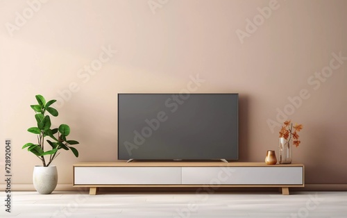 tv rack in zen modern empty room, minimal design mock up, with bright walls. generative ai