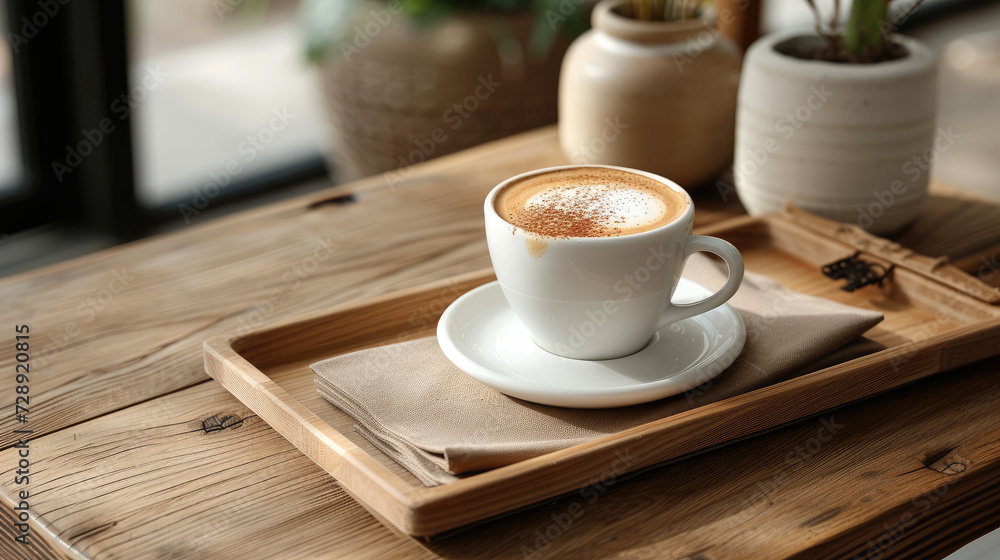 Obraz premium Cappuccino on a tray in a coffee shop- elevated view 