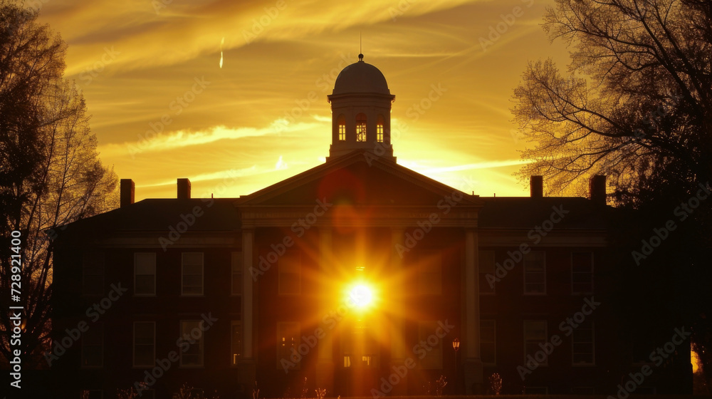 Obraz premium A historic courthouses silhouette is made even more impressive by the warm glow of the setting sun.