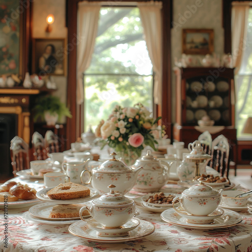 Elegant Victorian Dining Room with Formal Tea Service © Sekai