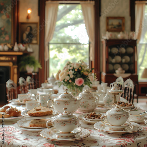 Elegant Victorian Dining Room with Formal Tea Service