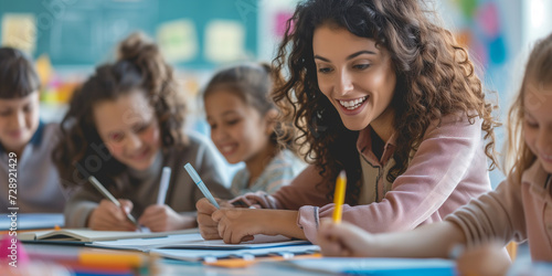 Young teacher with her student drawing or writing and kids around her in the classroom
